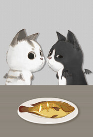 装饰画 黑猫 白猫 鱼