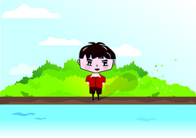 手绘卡通小人绿植蓝天白云矢量图