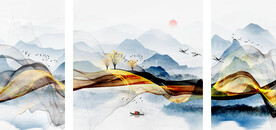 装饰画 新中式山水画 飘带