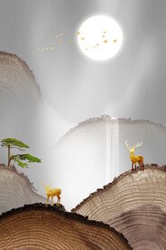 装饰画 树轮 麋鹿