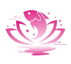 卡通手绘荷花小鱼湖水浪花水纹