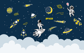 卡通太空人宇航员儿童房背景墙