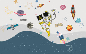 卡通太空飞船宇航员儿童房背景墙