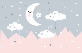 卡通云朵星星月亮儿童房背景壁画