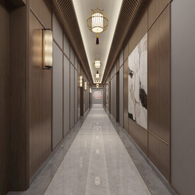 新中式酒店过道设计墙板效果图