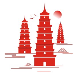 中国风中式山纹云纹古塔飞鸟