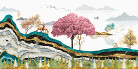 轻奢装饰画 新中式山水画 麋鹿