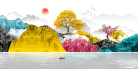 轻奢装饰画 新中式山水画 日出