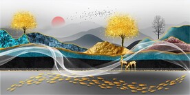 轻奢装饰画 弧线飘带 麋鹿