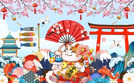 日式招财猫餐饮工装背景墙图片