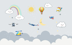可爱卡通云朵飞机儿童房背景墙