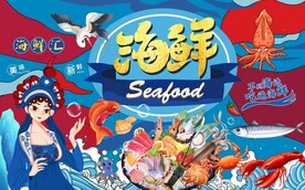 国潮海鲜美女工装背景墙图片