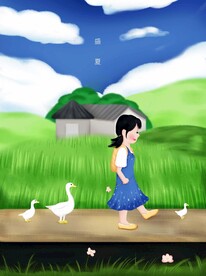 手绘夏天小女孩和鸭子清新插画