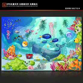 梦幻海底世界卡通海豚珊瑚鱼背景