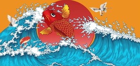 大海红日国潮美食餐饮背景墙