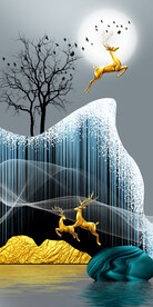 轻奢装饰画 山水石头 麋鹿