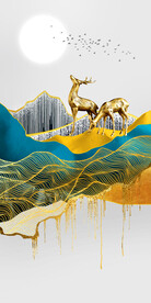 轻奢装饰画 山水弧线 麋鹿