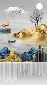 轻奢装饰画 新中式山水画麋鹿