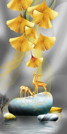 轻奢装饰画 山水弧线石头麋鹿