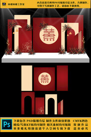 红色新中式婚礼KT板布置