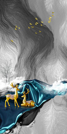 轻奢装饰画 弧线飘带 山水麋鹿