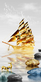 装饰画 山水石头麋鹿 帆船