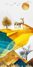 轻奢装饰画 新中式山水麋鹿