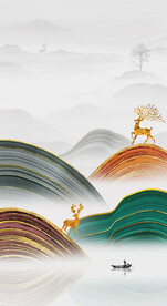 装饰画 弧线 新中式山水麋鹿