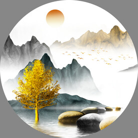 轻奢装饰画 山水石头麋鹿