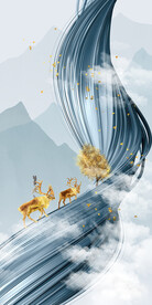 轻奢装饰画 弧线 山水画麋鹿