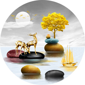 轻奢装饰画 山水石头麋鹿