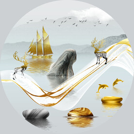 轻奢装饰画 弧线石头麋鹿