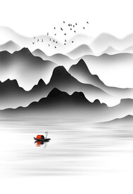 高清分层透明底水墨山水背景墙