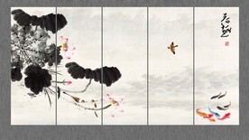 水墨荷花九鱼图