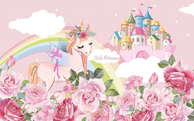 可爱卡通独角兽城堡儿童房背景墙