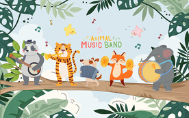 卡通动物演奏会儿童房背景墙