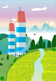 手绘矢量图创意插画风景画
