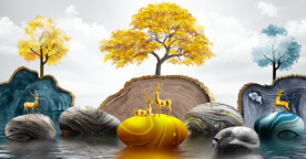 轻奢装饰画 山水石头麋鹿