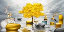 轻奢装饰画 山水石头麋鹿