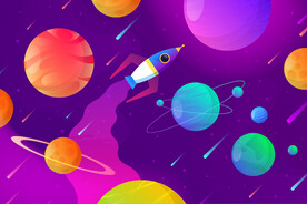 银河系太空火箭卡通多彩星球背景