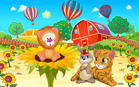 可爱小动物热气球儿童房背景墙