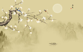 新中式工笔花鸟玉兰背景墙