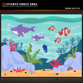 手绘卡通海底世界海豚热带鱼背景