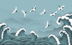 中国风仙鹤海浪电视背景墙