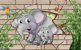 可爱卡通破墙大象儿童房背景墙