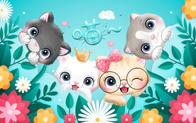 花海可爱猫咪儿童房背景墙