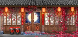 中式古建筑酒楼背景墙壁画