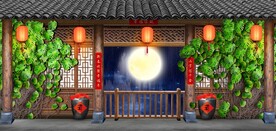 古代中式建筑餐饮背景墙