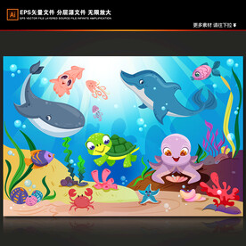卡通海豚珊瑚热带鱼海洋动物背景