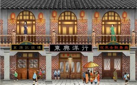 民国风建筑街景背景墙壁画